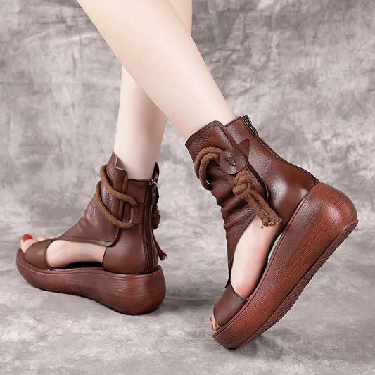 Lexa | Vintage Leather Open-Toe Wedge Sandals – Boho Ankle Wrap Design