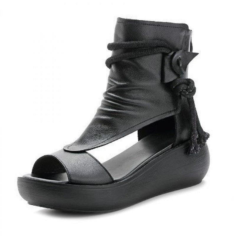 Lexa | Vintage Leather Open-Toe Wedge Sandals – Boho Ankle Wrap Design
