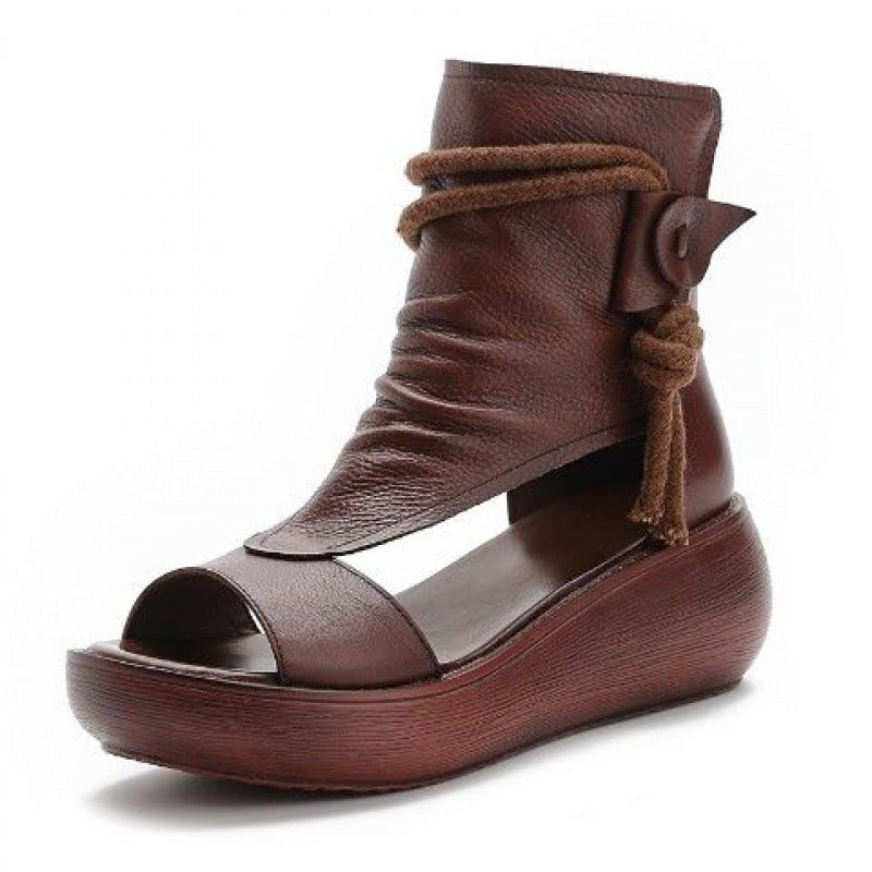 Lexa | Vintage Leather Open-Toe Wedge Sandals – Boho Ankle Wrap Design
