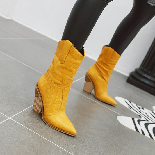 Querida | Embossed Pointed-Toe Block Heel Ankle Boots
