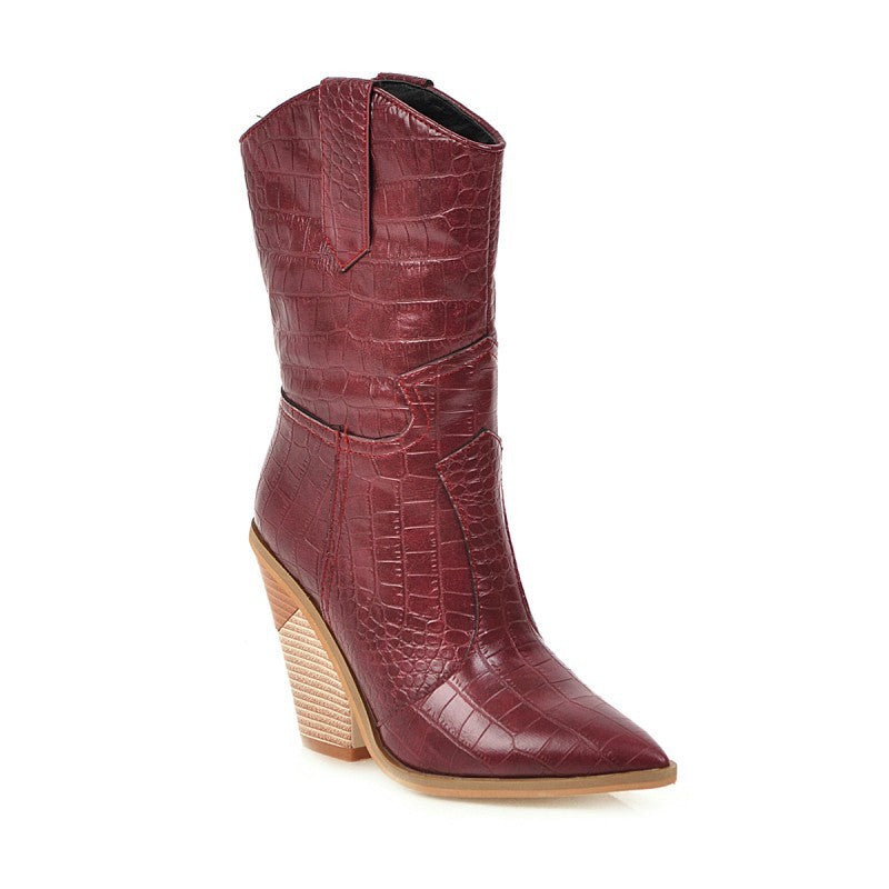 Querida | Embossed Pointed-Toe Block Heel Ankle Boots
