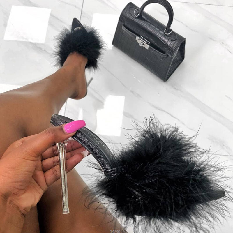 Winie | Luxe Fluffy Stiletto Heels with Open-Toe Slip-On Design