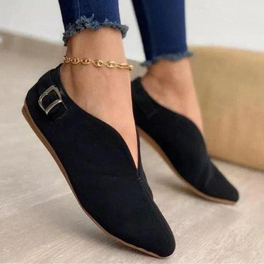 Quincy | Black Suede V-Cut Buckle Flat Loafers