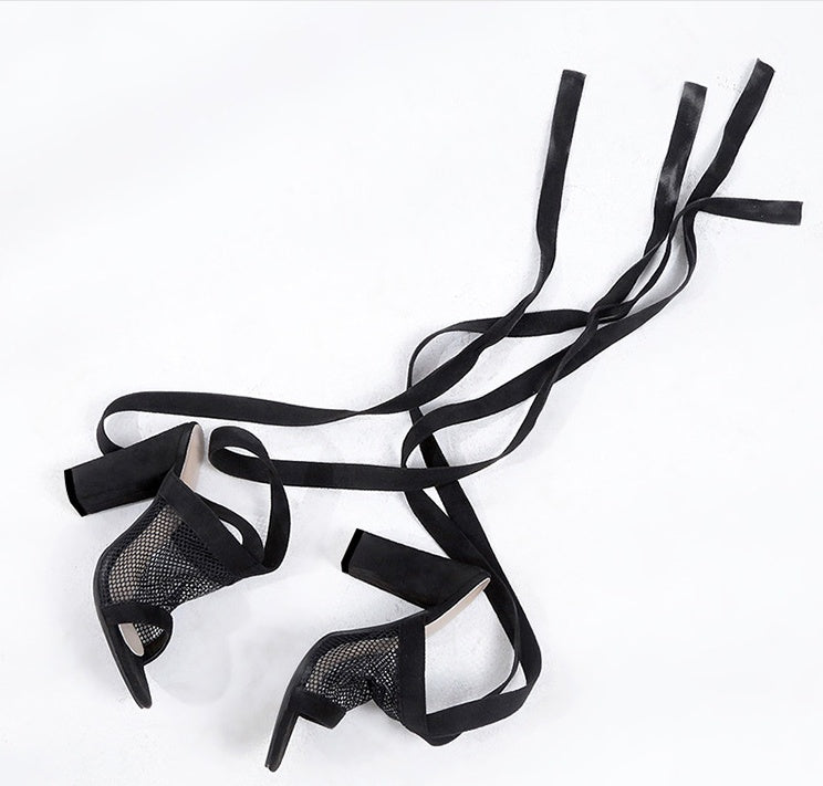 NoirLace | Bandage Block Heel Sandals with Mesh Detail