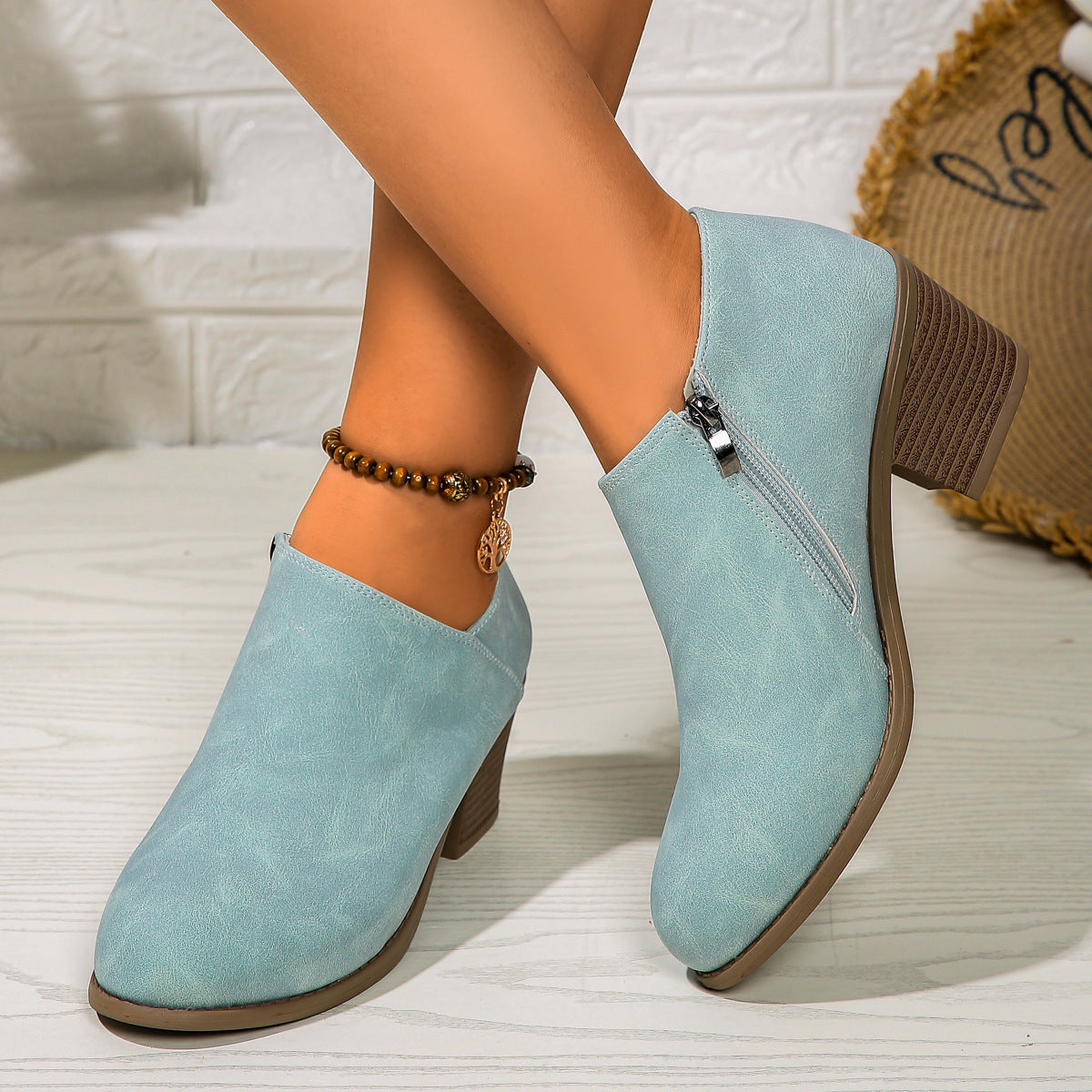 Rona | Chunky Heel Round Toe Ankle Boots With Side Zipper