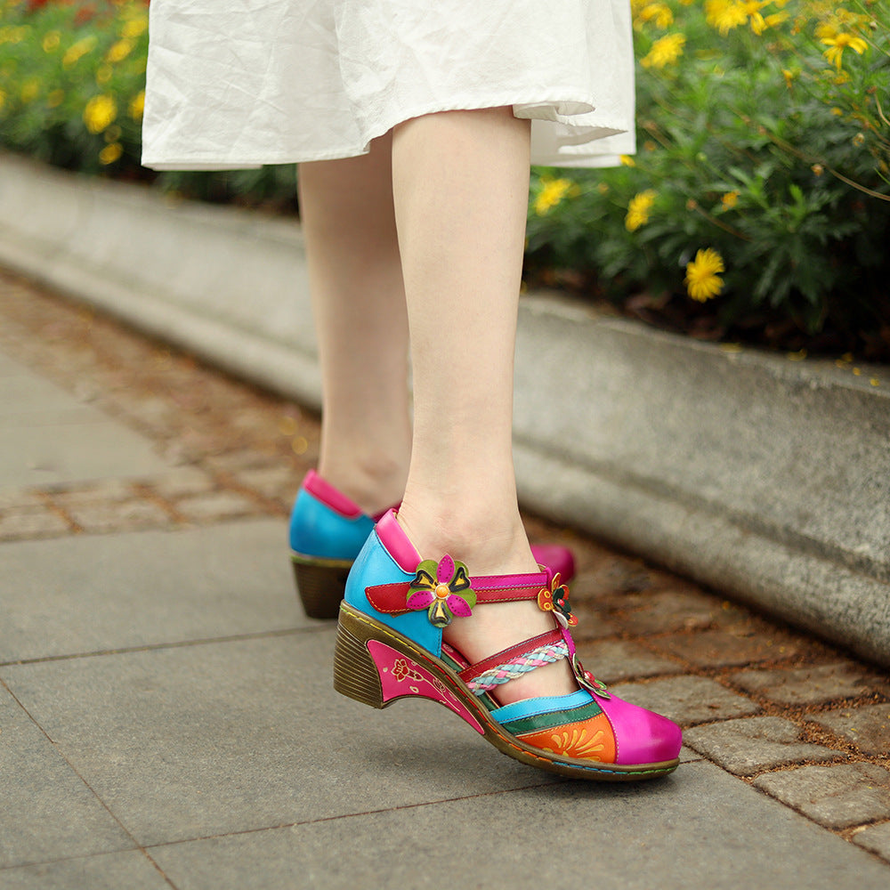 Samantha | Retro Bright Flower Contrast Color Velcro Wedge sandals