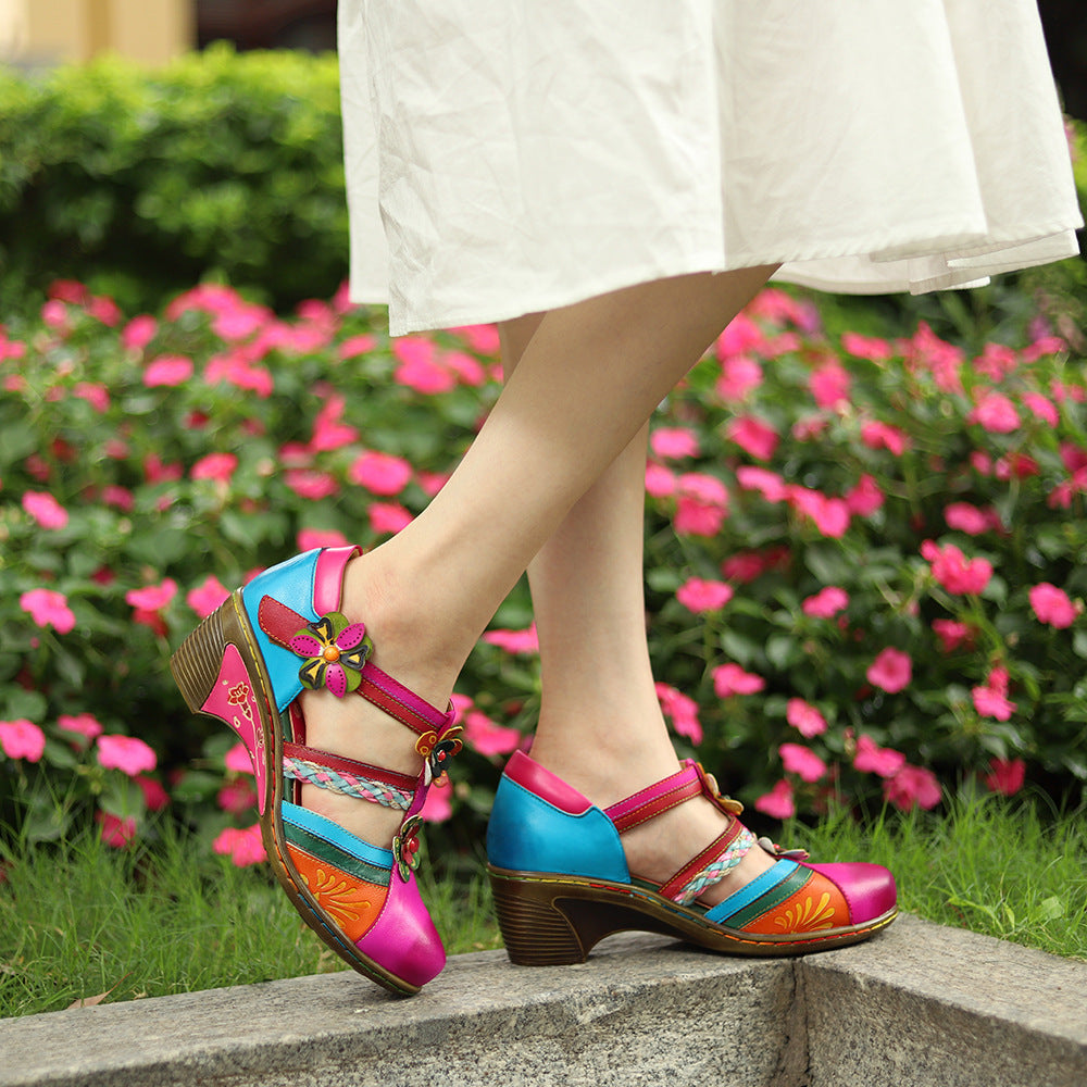 Samantha | Retro Bright Flower Contrast Color Velcro Wedge sandals