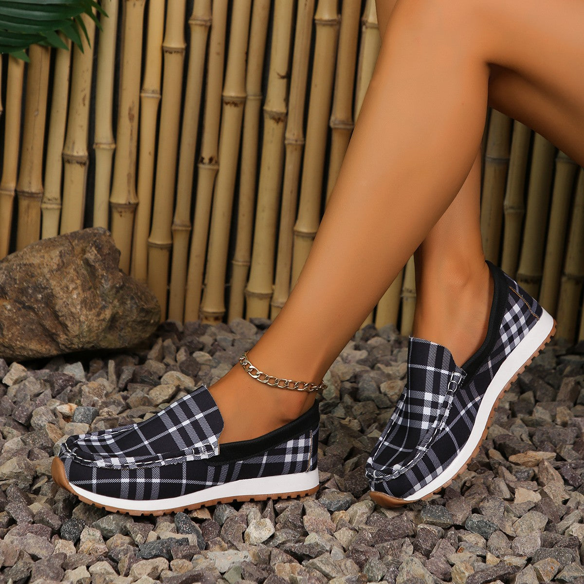 Orthopedic Balance Women’s Plaid Slip-On Loafers – Lightweight Casual Comfort Shoes