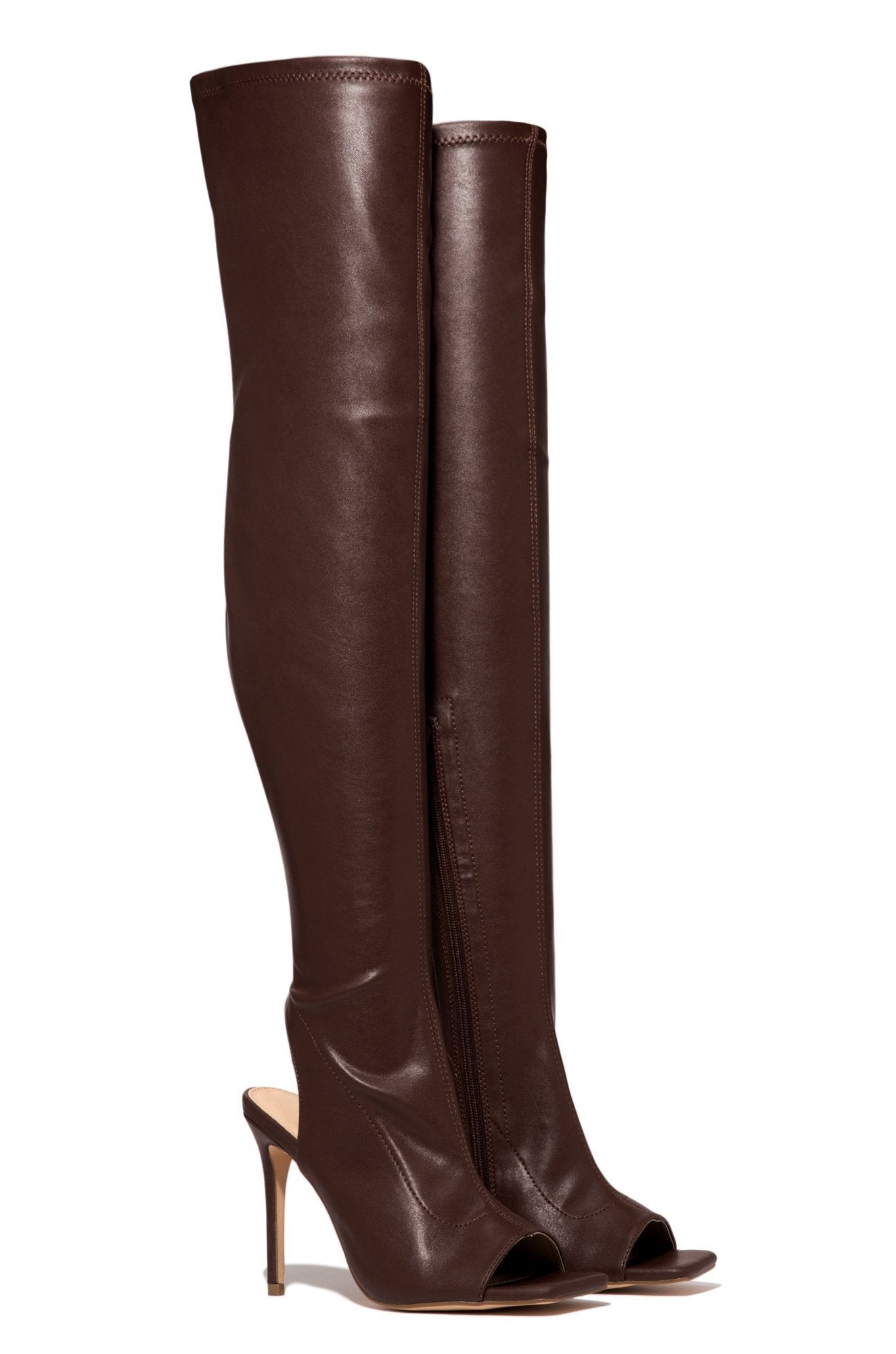 Qamar | Nude Faux Leather Peep-Toe Thigh-High Stiletto Boots