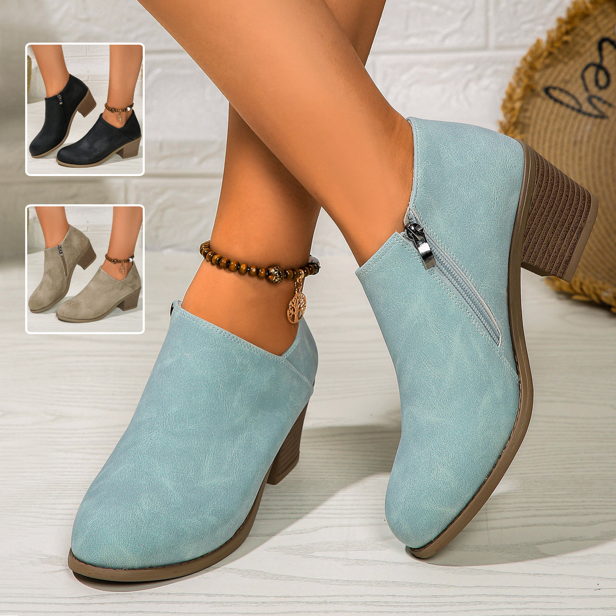 Rona | Chunky Heel Round Toe Ankle Boots With Side Zipper