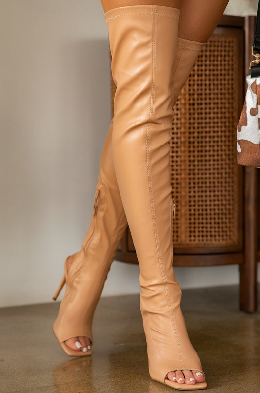 Qamar | Nude Faux Leather Peep-Toe Thigh-High Stiletto Boots