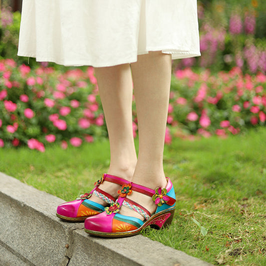 Samantha | Retro Bright Flower Contrast Color Velcro Wedge sandals