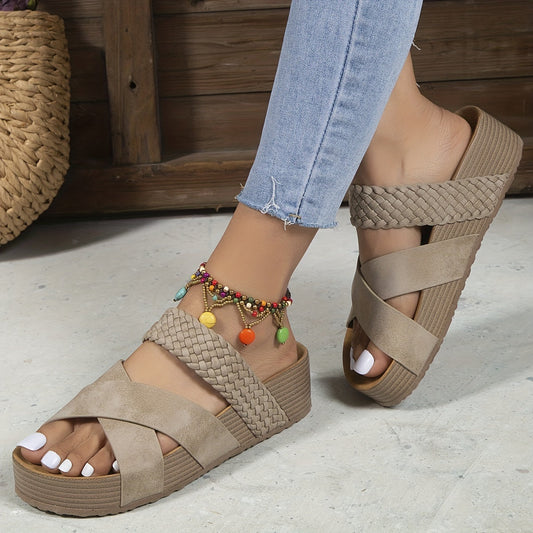 Caitlin | Woven Platform Sandals – Cross-Strap Slip-On Comfort