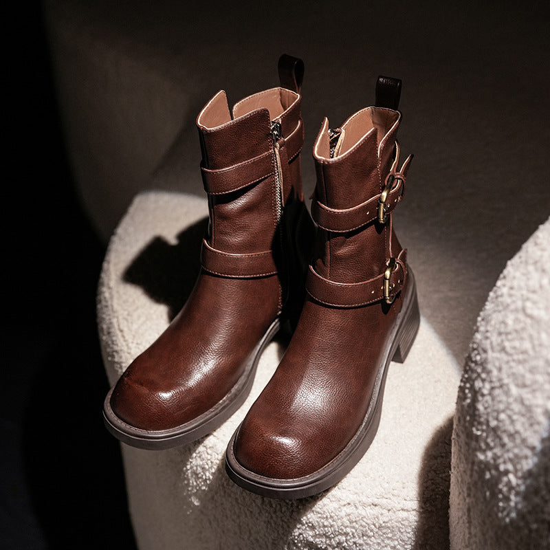 Sandy | Women's Double Belt Buckle Side Zipper Chunky Heel Ankle Boots