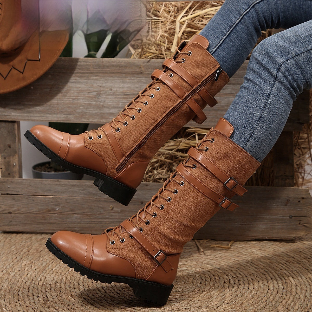 Lea | Round Toe Rivet Belt Buckle Square Heel Boots