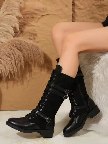 Lea | Round Toe Rivet Belt Buckle Square Heel Boots