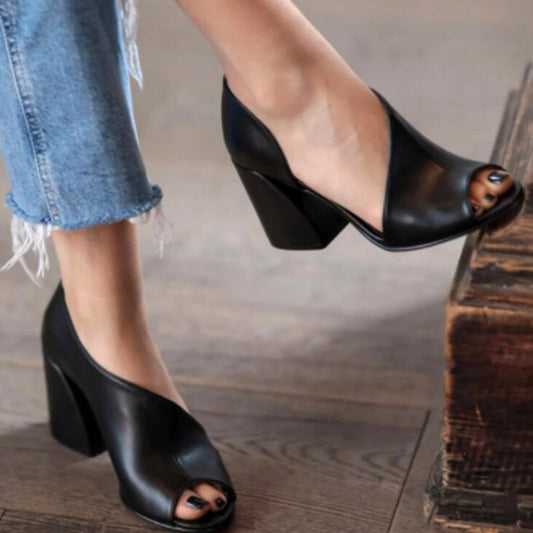 Adeline | Chic Open-Toe Leather Block Heel Sandals with Orthopedic Cushion Support