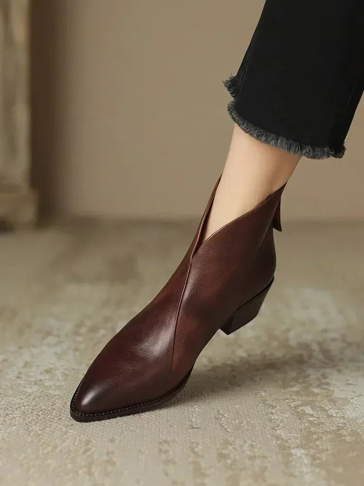 Daffodil | Pointed-Toe Leather Ankle Boots with Block Heel
