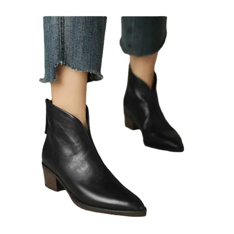 Daffodil | Pointed-Toe Leather Ankle Boots with Block Heel