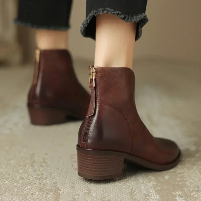 Daffodil | Pointed-Toe Leather Ankle Boots with Block Heel