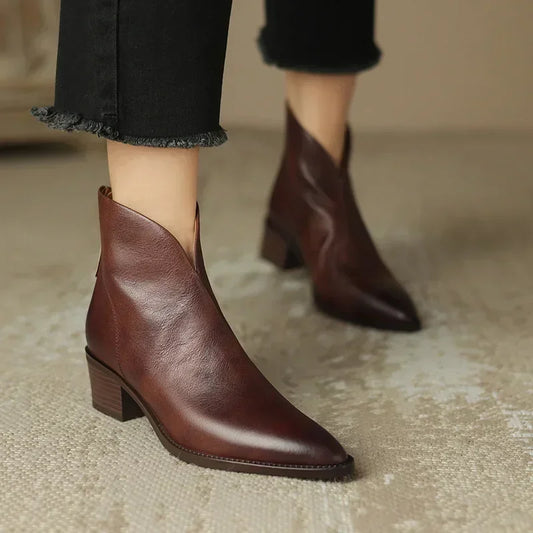Daffodil | Pointed-Toe Leather Ankle Boots with Block Heel