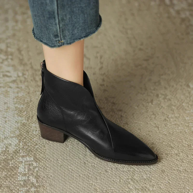 Daffodil | Pointed-Toe Leather Ankle Boots with Block Heel