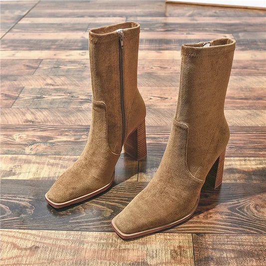 Melody | Women’s Suede Square-Toe Block Heel Ankle Boots with Side Zippe