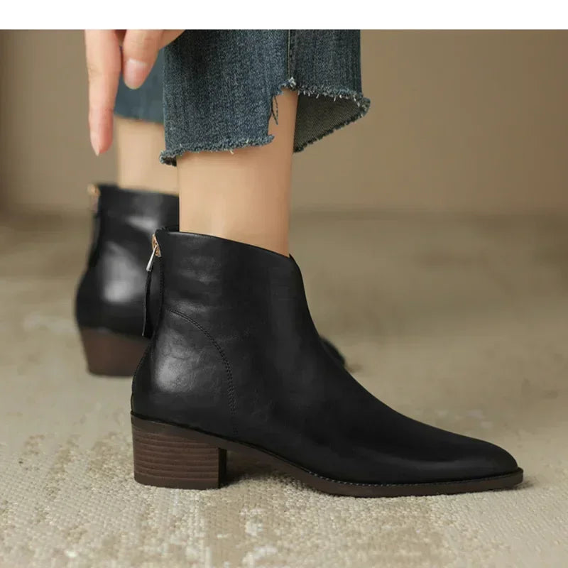 Daffodil | Pointed-Toe Leather Ankle Boots with Block Heel