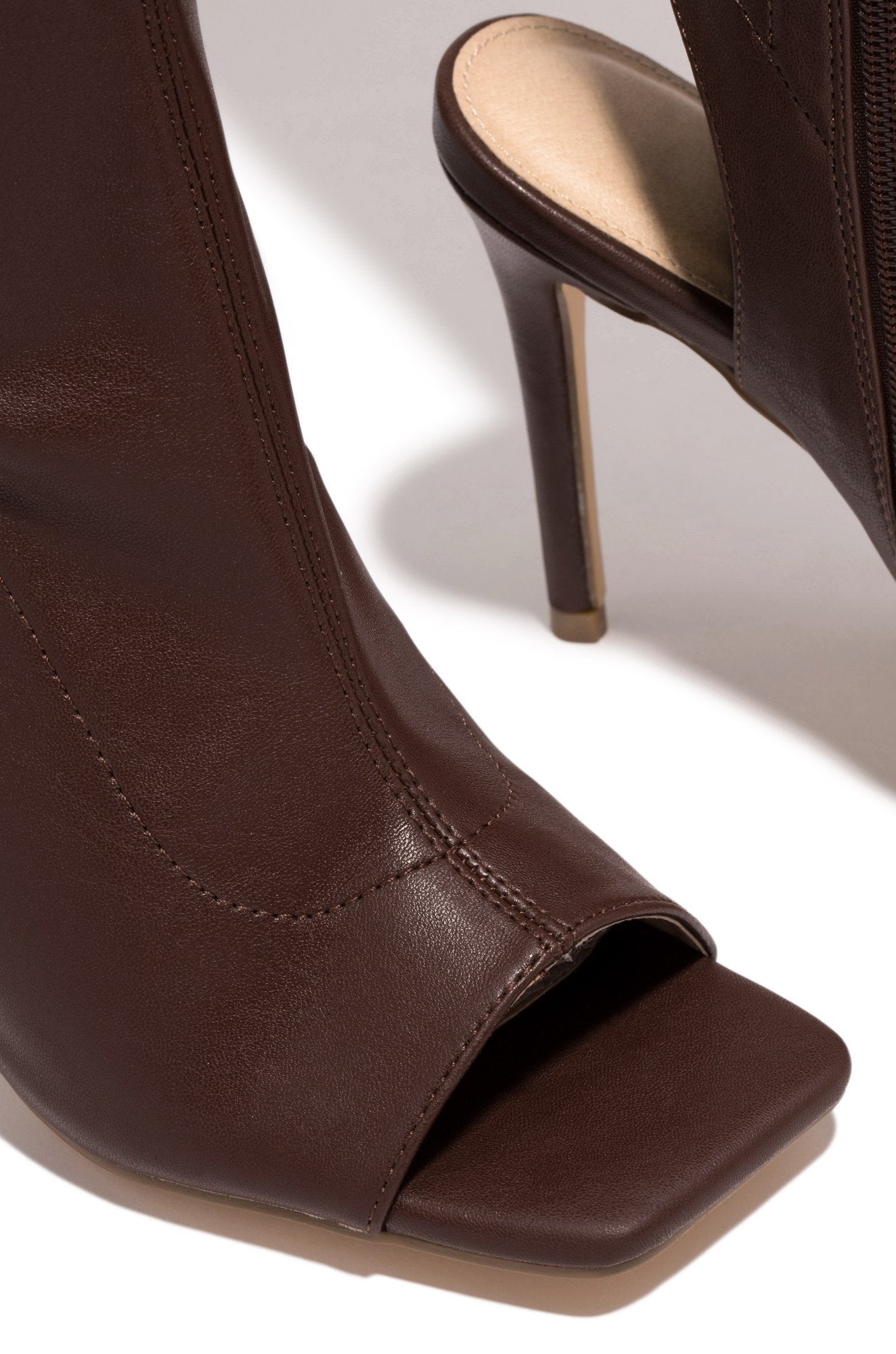 Qamar | Nude Faux Leather Peep-Toe Thigh-High Stiletto Boots