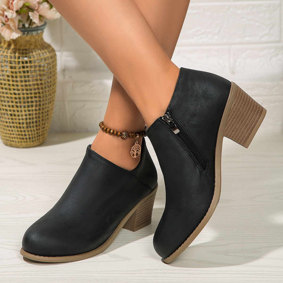 Rona | Chunky Heel Round Toe Ankle Boots With Side Zipper