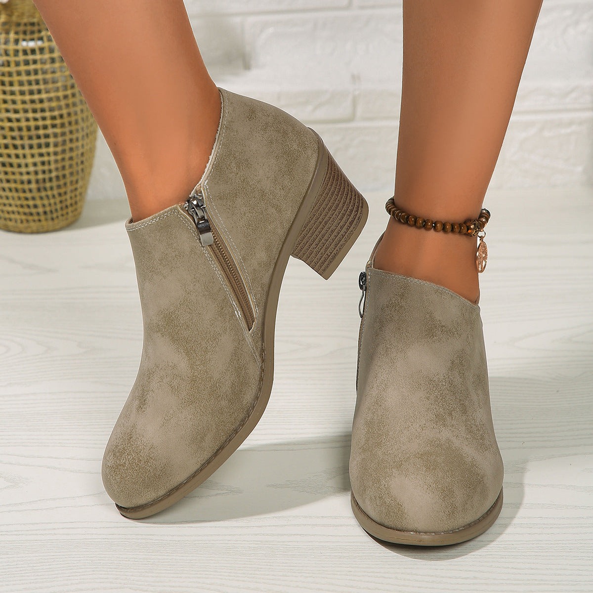 Rona | Chunky Heel Round Toe Ankle Boots With Side Zipper