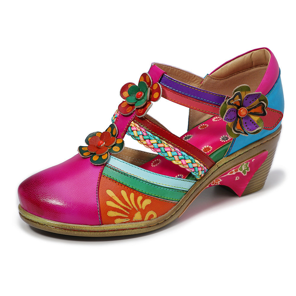 Samantha | Retro Bright Flower Contrast Color Velcro Wedge sandals