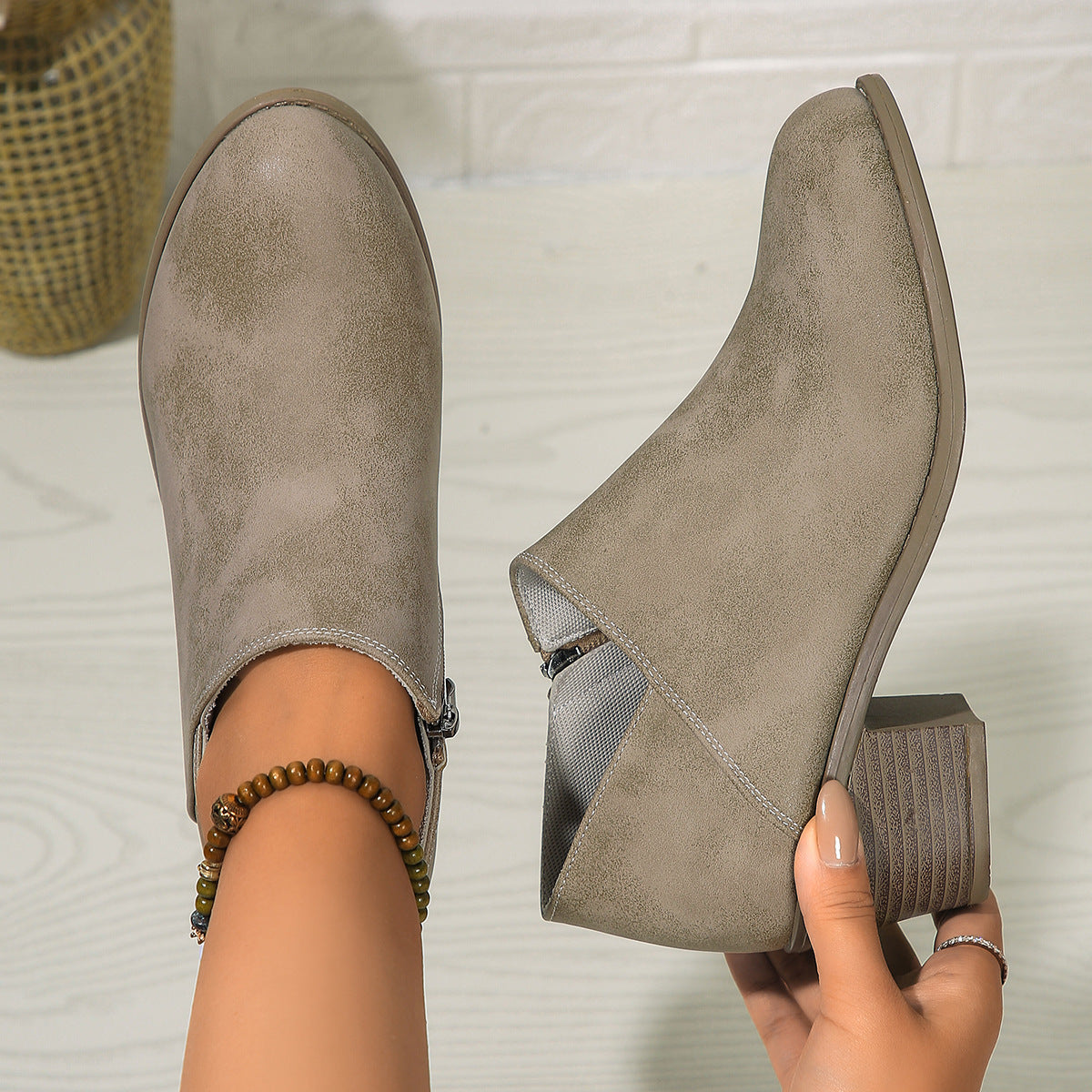 Rona | Chunky Heel Round Toe Ankle Boots With Side Zipper