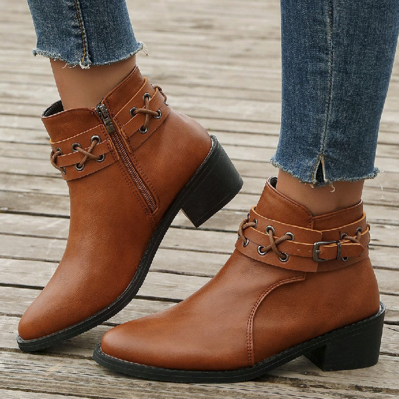 Orthopedic Balance Leather Ankle Boots - Thick Heel Zip
