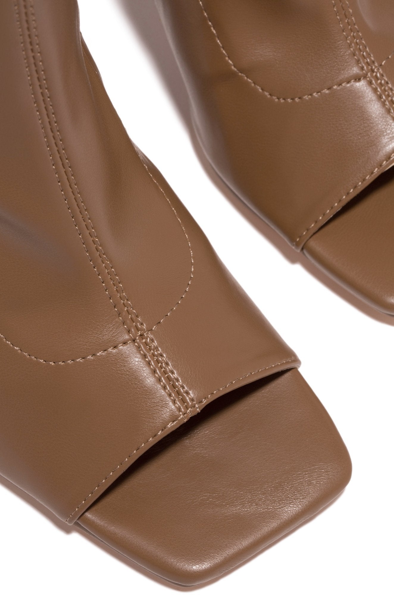 Qamar | Nude Faux Leather Peep-Toe Thigh-High Stiletto Boots