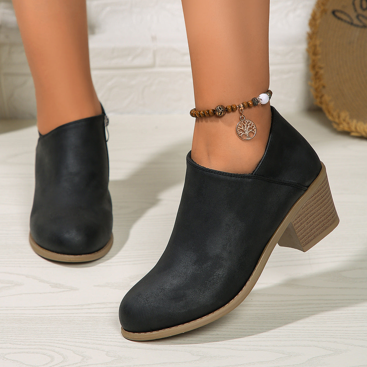 Rona | Chunky Heel Round Toe Ankle Boots With Side Zipper