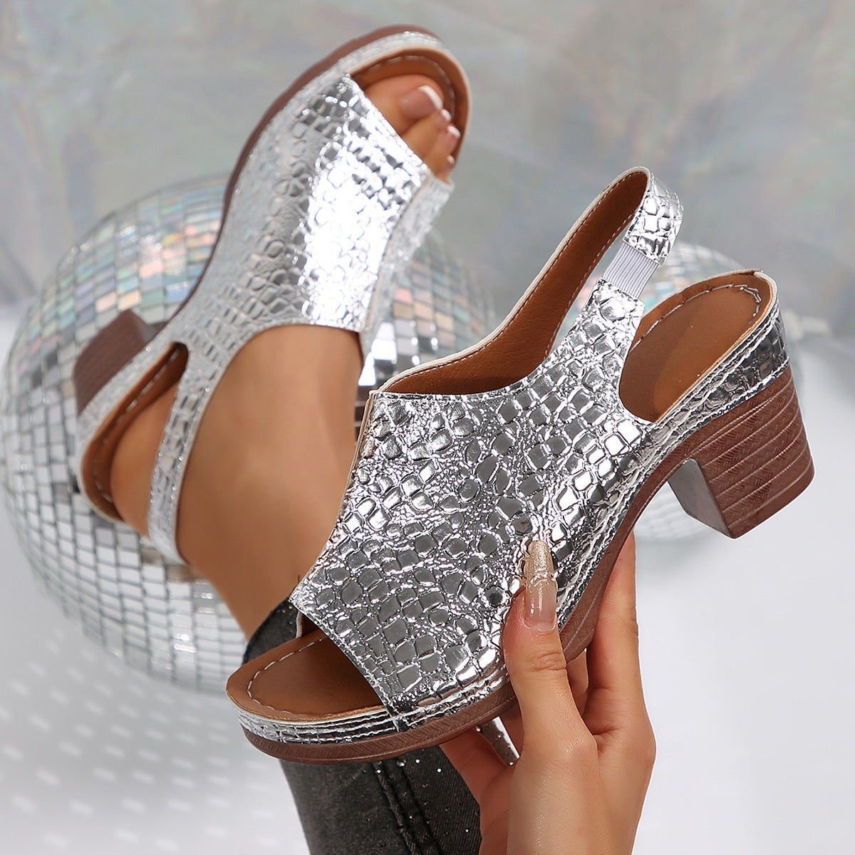 Sandra | Croc-Embossed Chunky Heel Sandals