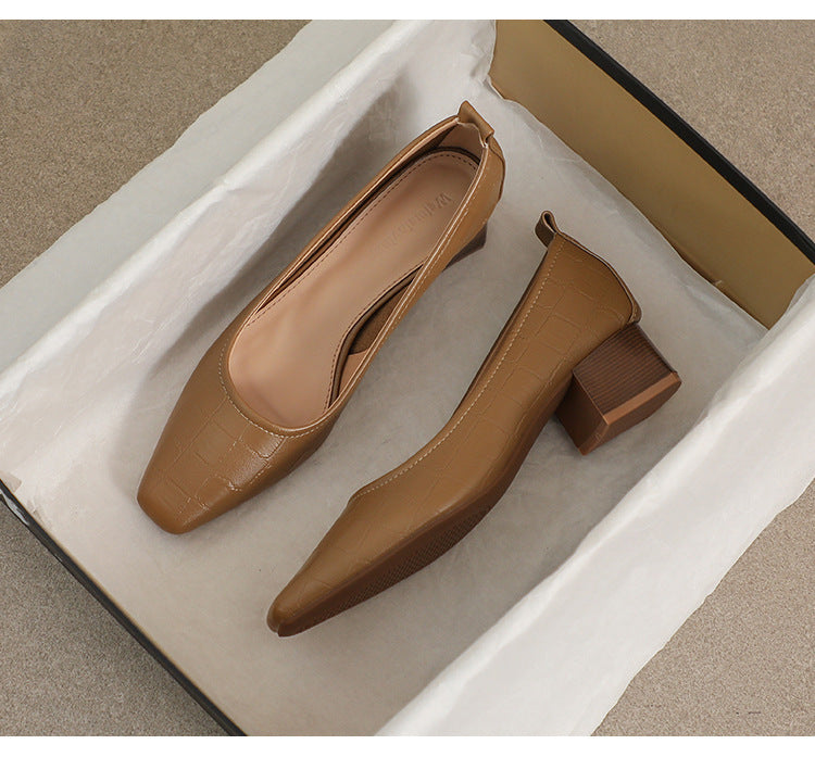 Women’s Square-Toe Block Heel Pumps – Classic Textured Low Heels