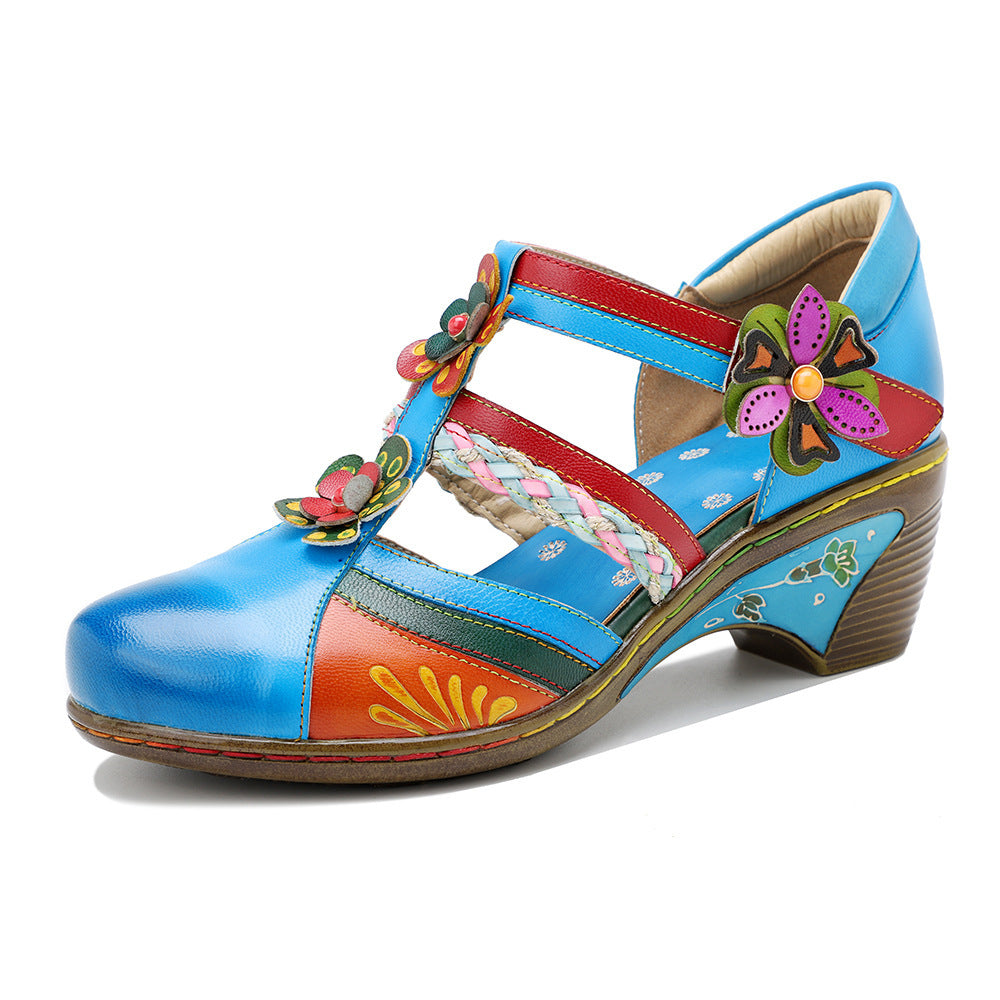 Samantha | Retro Bright Flower Contrast Color Velcro Wedge sandals