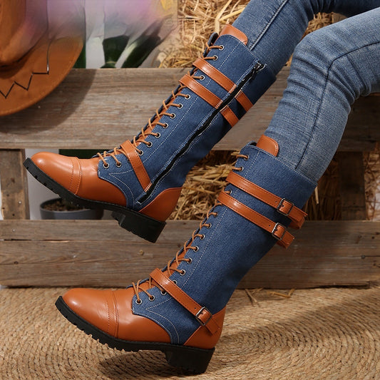 Lea | Round Toe Rivet Belt Buckle Square Heel Boots