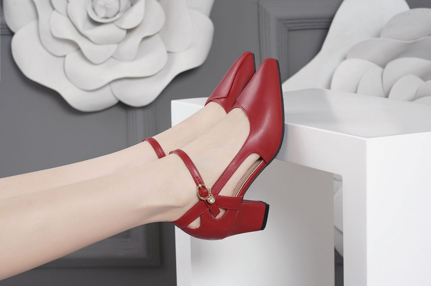 Orthopedic Balance | Pointed Toe Ankle Strap Block Heel Pumps