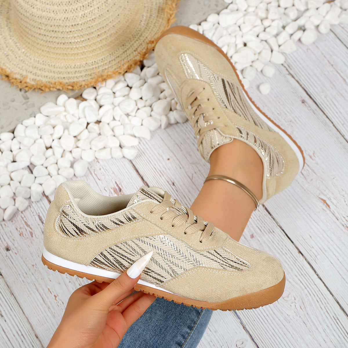 Laura | Beige Suede Pattern Sneakers – Casual Chic Comfort Shoes