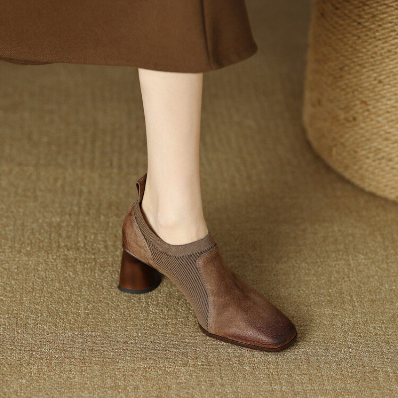 Orthopedic Balance Square High Leather Heels With A Unique Patchwork Design