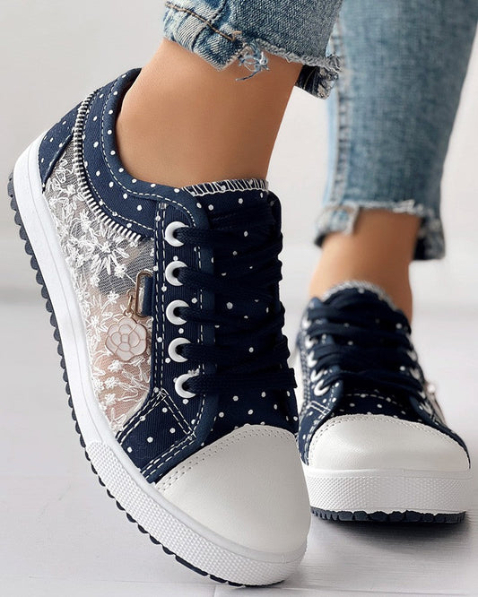 Calista | Denim Lace-Up Sneakers – Breathable Floral Mesh Design