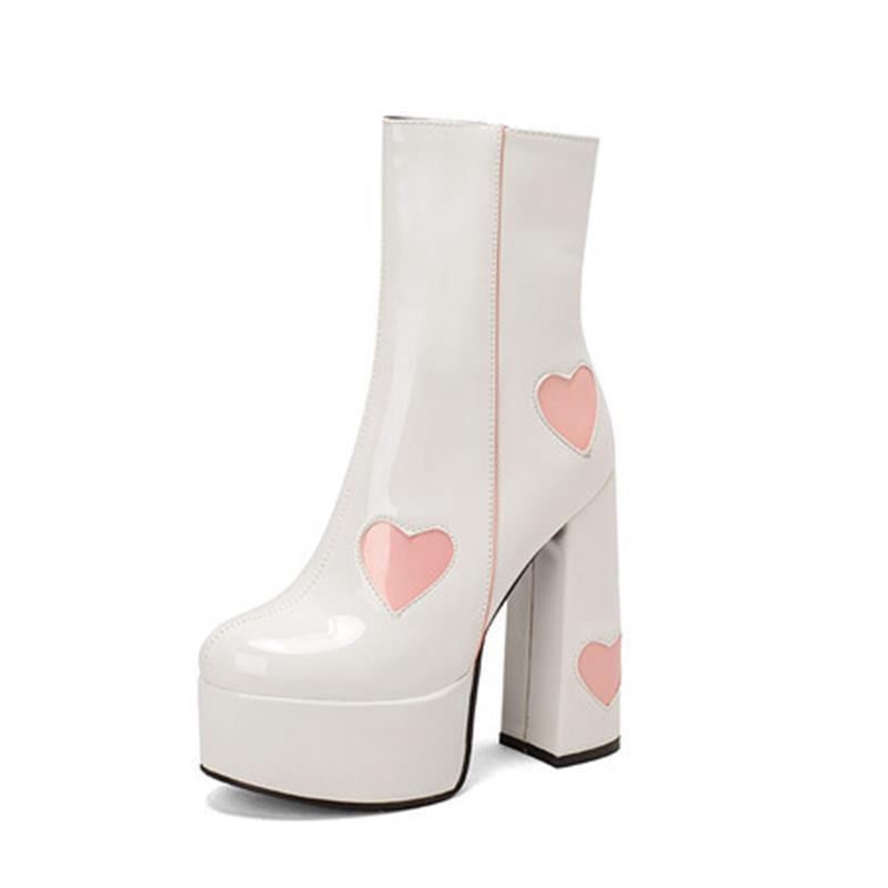 Quinley | Glossy Black Platform Heart Accent Ankle Boots