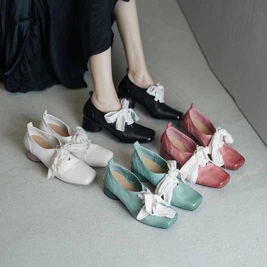 Marley | Women’s Vintage Bow Tie Orthopedic Leather Low Heel Shoes