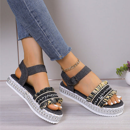 Orthopedic Balance Denim Sandals With Fringe, Ethnic And Unique Style For Summer