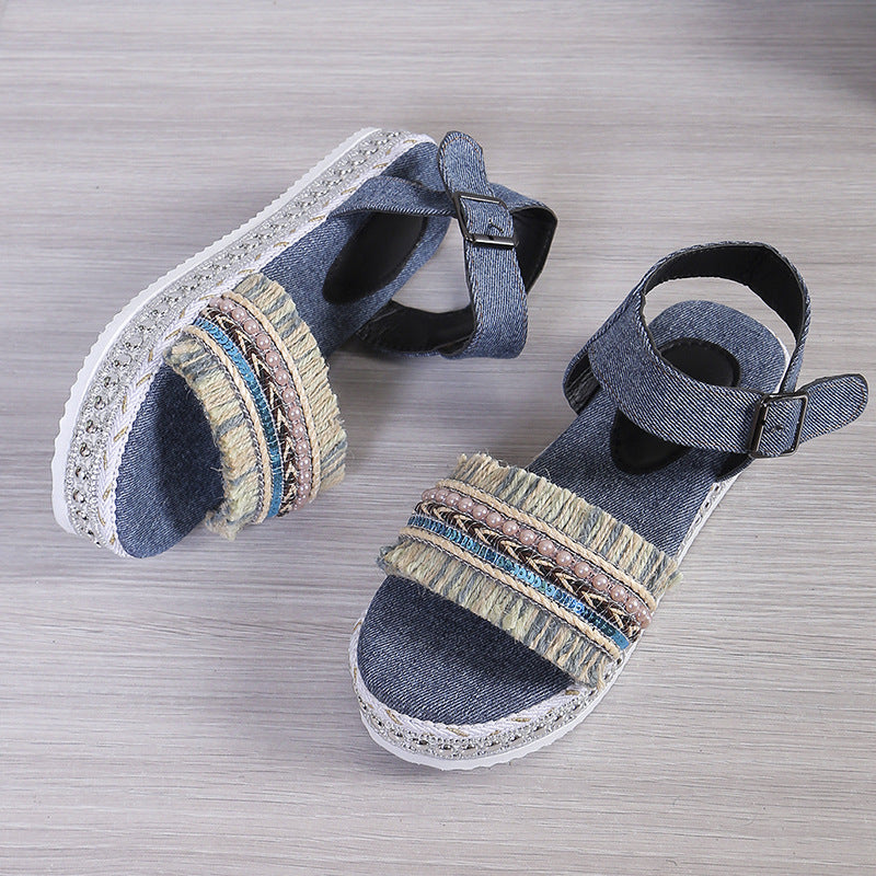 Orthopedic Balance Denim Sandals With Fringe, Ethnic And Unique Style For Summer