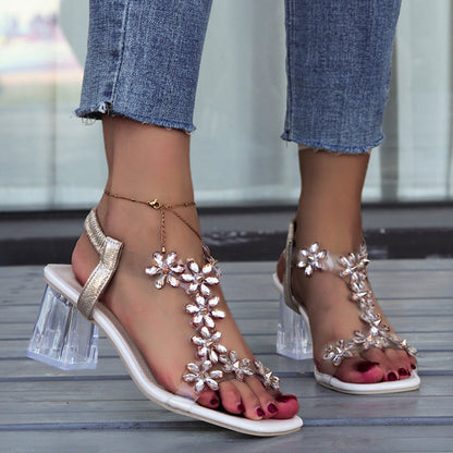 Fiona | Floral Crystal Sandals with Clear Block Heel