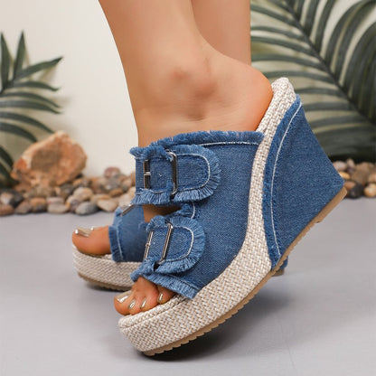 Orthopedic Balance | Denim Strap Wedge Platform Sandals